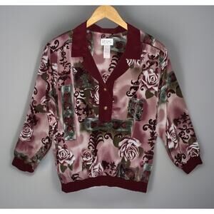 Regal Burgundy Floral Roses Abstract Blouse Collared Button Front Pullover -Sz L